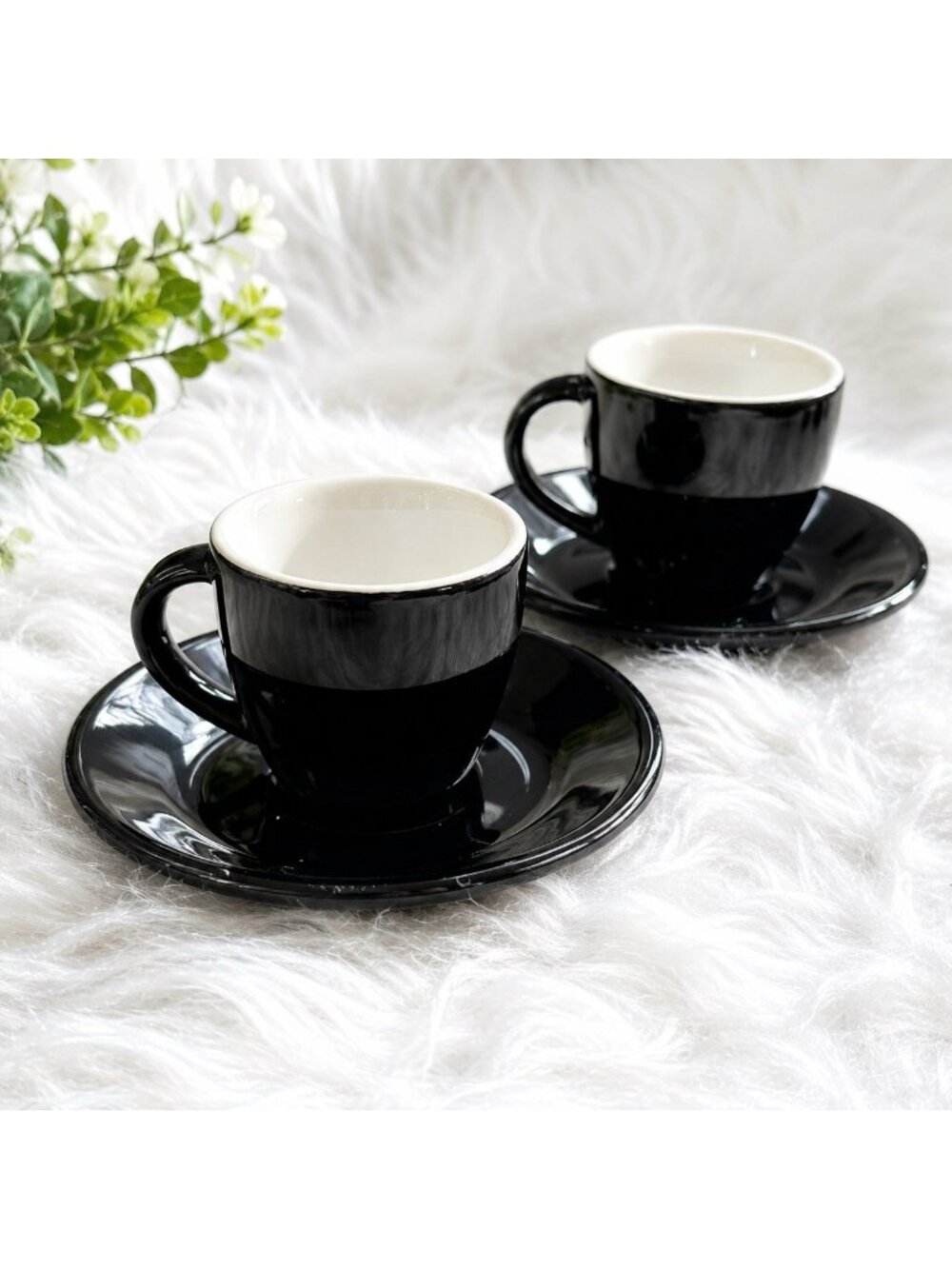 Crate & Barrel Black Porcelain Demitasse Espresso Cups Saucers Set of 2